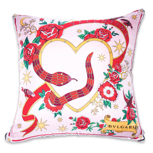 Rare Vintage Romantic Bvlgari "Serpenti Heart & Roses" Valentine Edition Silk Pillow | Luxury Designer Decor | 18" x 18" x 8"