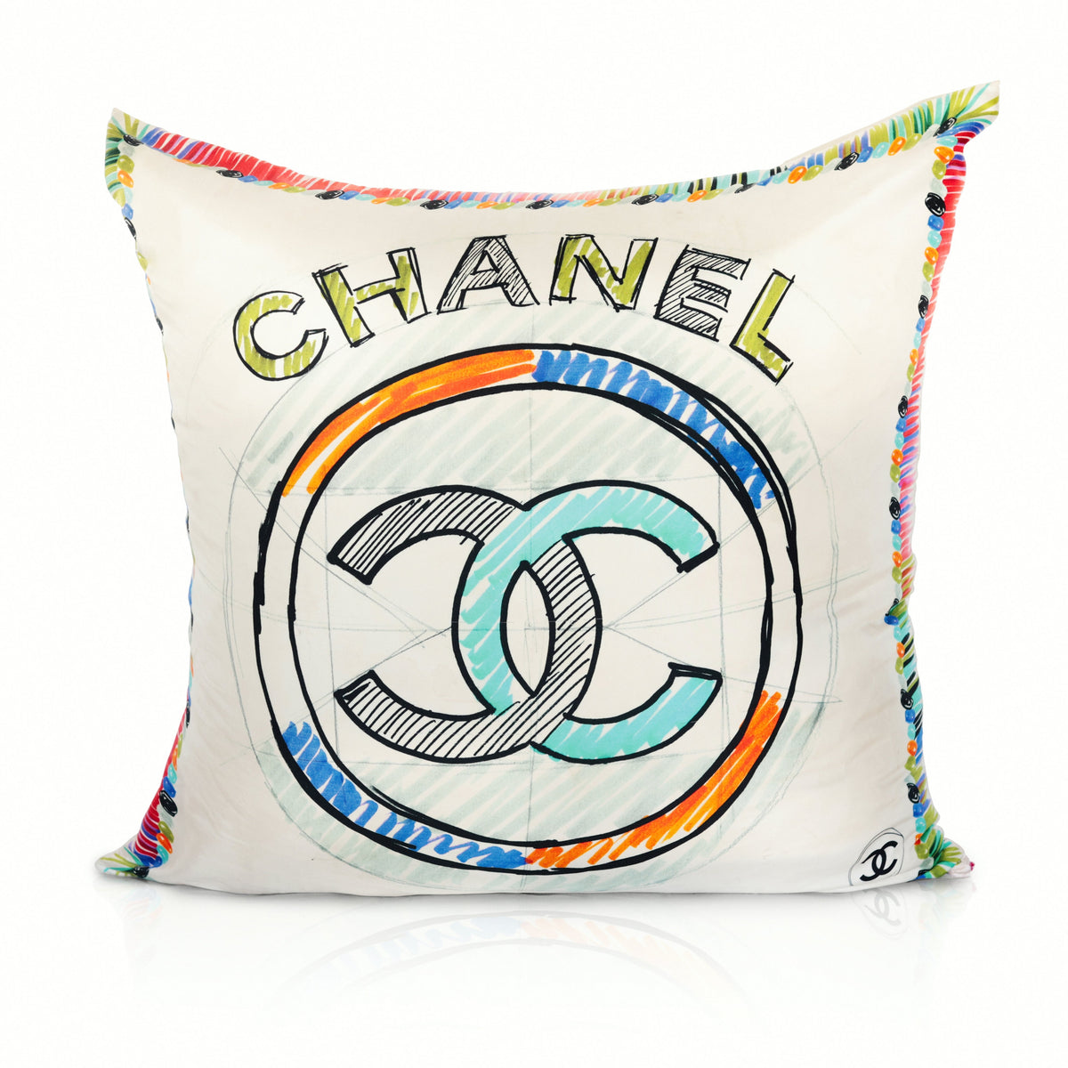 Rare Vintage Artistic Chanel Hand-Drawn Logo Designer Silk Pillow | Unique Luxury Decor | 20" x 20" x 8"
