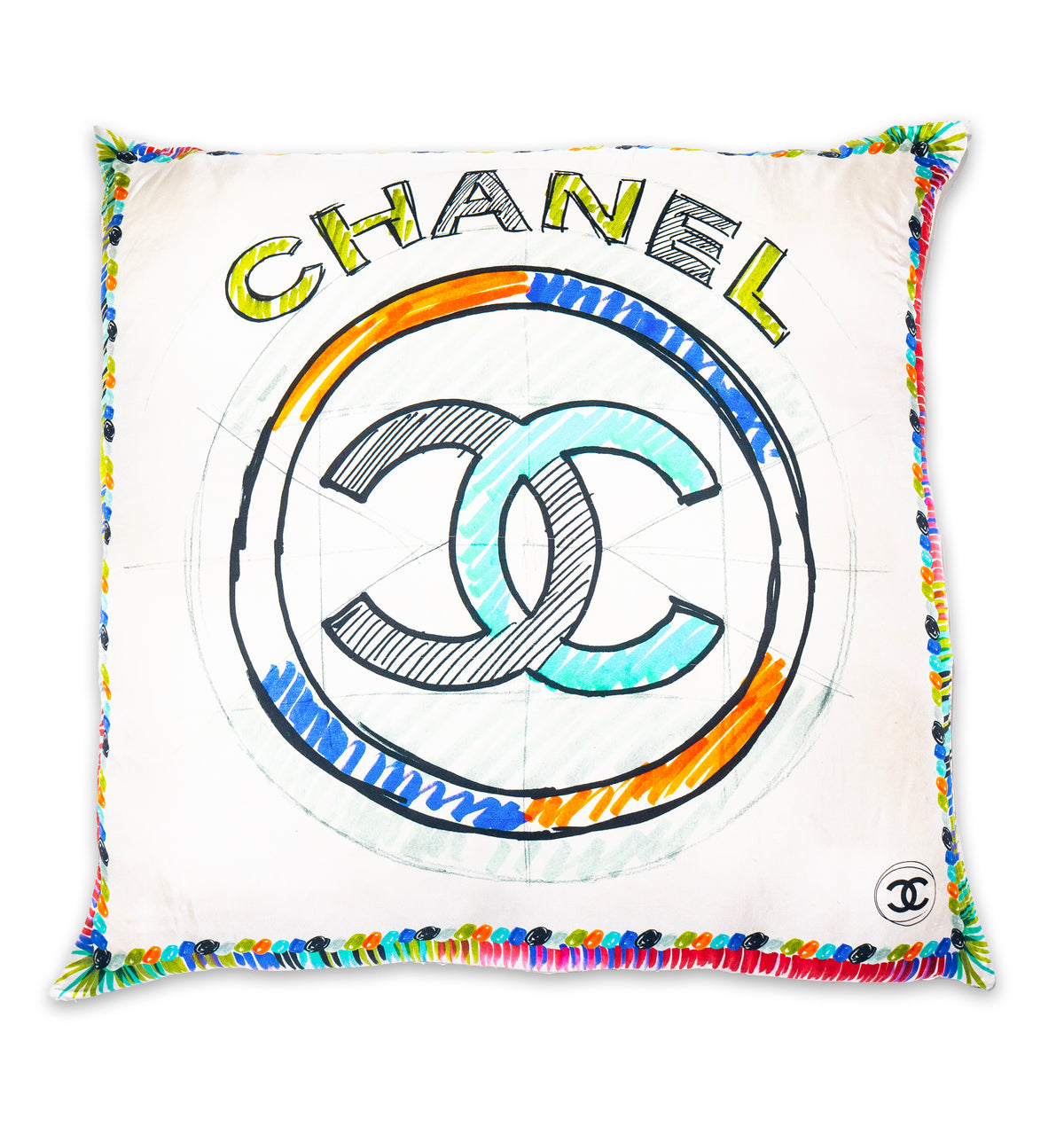 Rare Vintage Artistic Chanel Hand-Drawn Logo Designer Silk Pillow | Unique Luxury Decor | 20" x 20" x 8"
