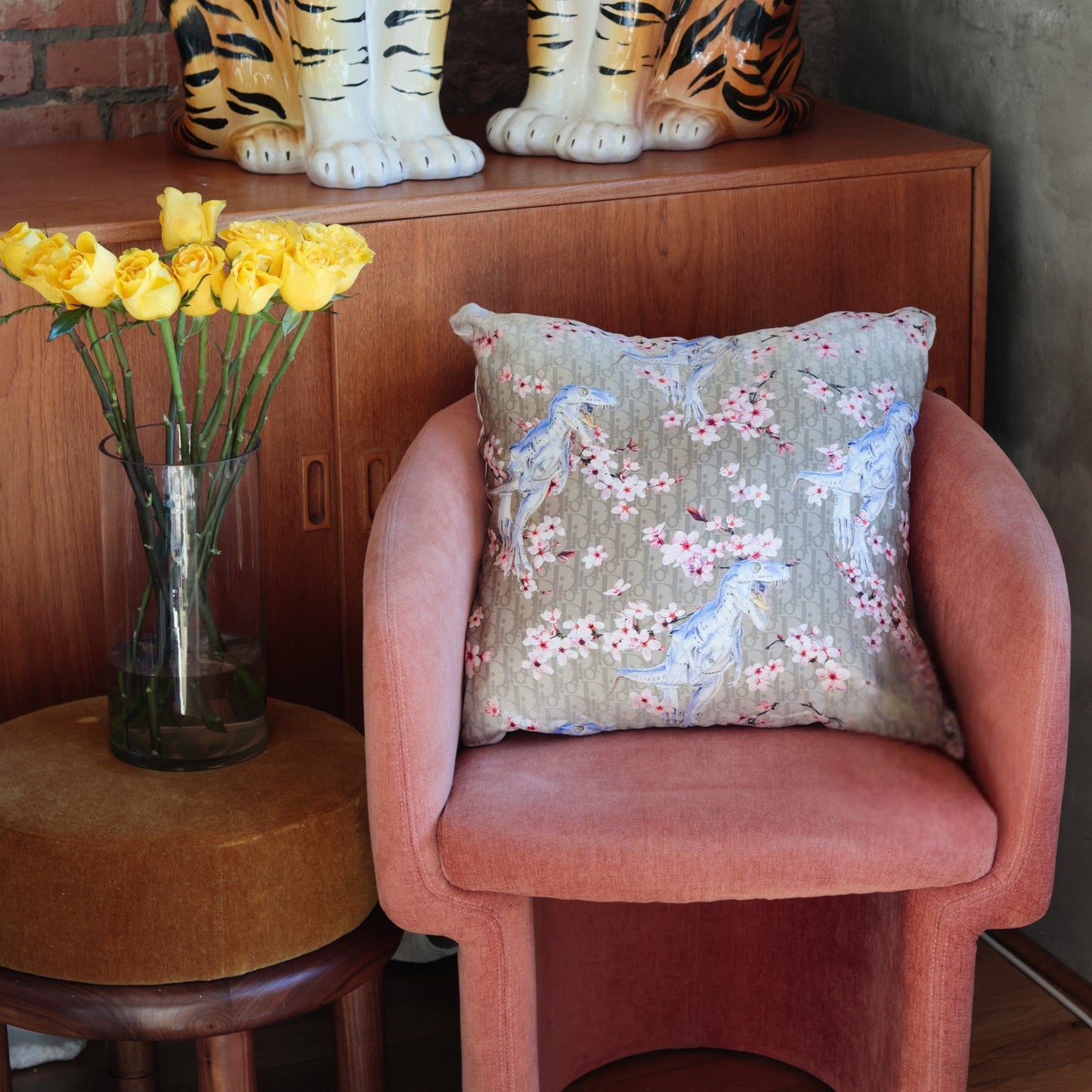Rare Vintage Luxury Exclusive Dior Oblique Dinosaur & Cherry Blossom Silk Pillow | Designer Art Decor | 22" x 22" x 8"