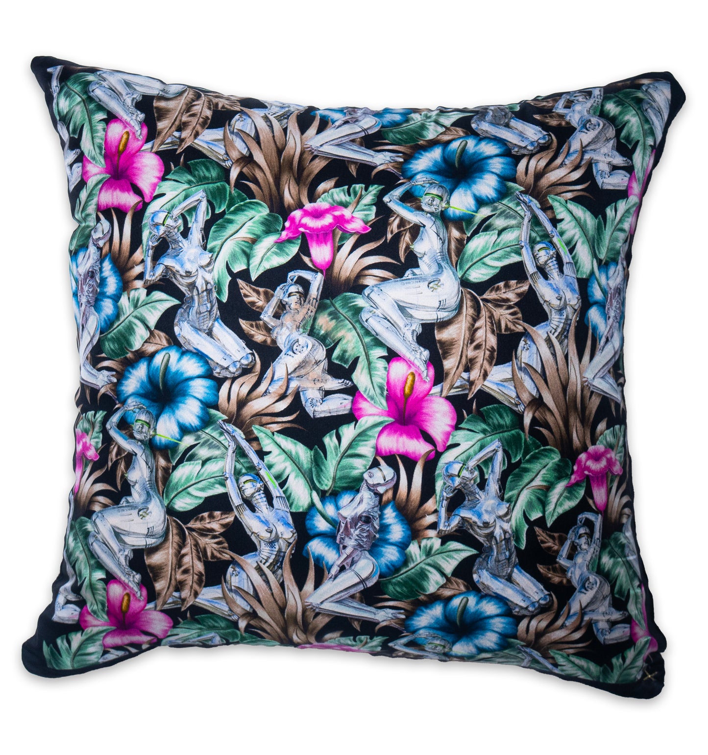 Rare Vintage Luxurious Exclusive Christian Dior Robotic Figures & Tropical Floral Designer Silk Pillow | High-Fashion Art Decor | 22" x 22" x 8"