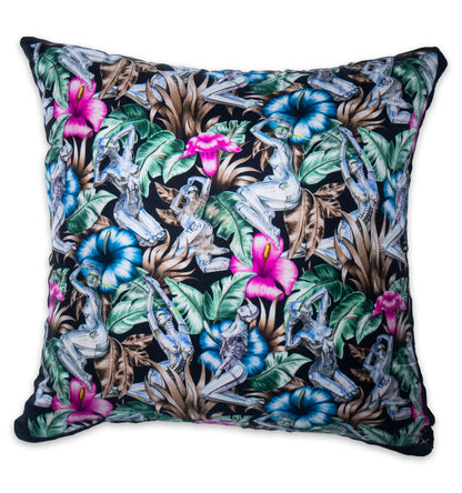 Rare Vintage Luxurious Exclusive Christian Dior Robotic Figures & Tropical Floral Designer Silk Pillow | High-Fashion Art Decor | 22" x 22" x 8"