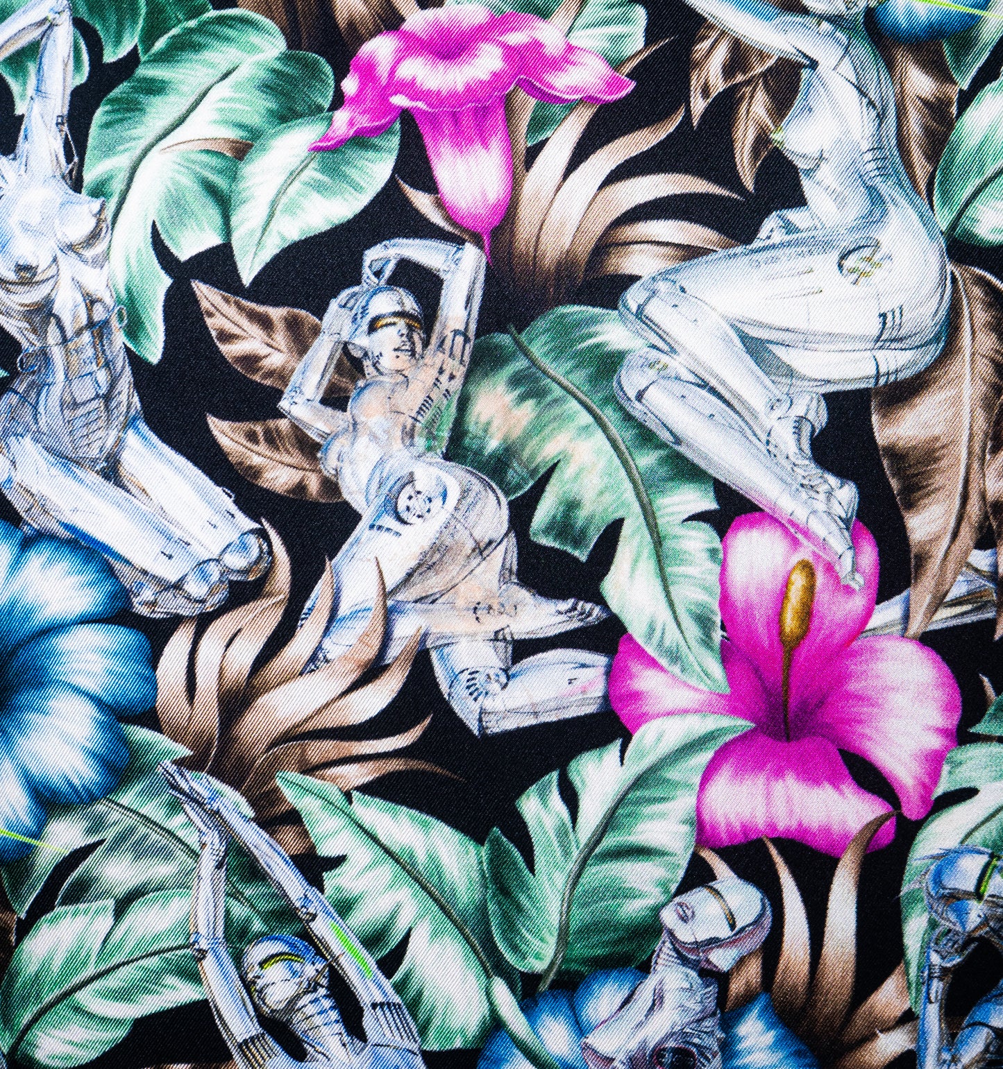 Rare Vintage Luxurious Exclusive Christian Dior Robotic Figures & Tropical Floral Designer Silk Pillow | High-Fashion Art Decor | 22" x 22" x 8"