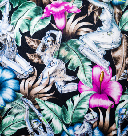 Rare Vintage Luxurious Exclusive Christian Dior Robotic Figures & Tropical Floral Designer Silk Pillow | High-Fashion Art Decor | 22" x 22" x 8"