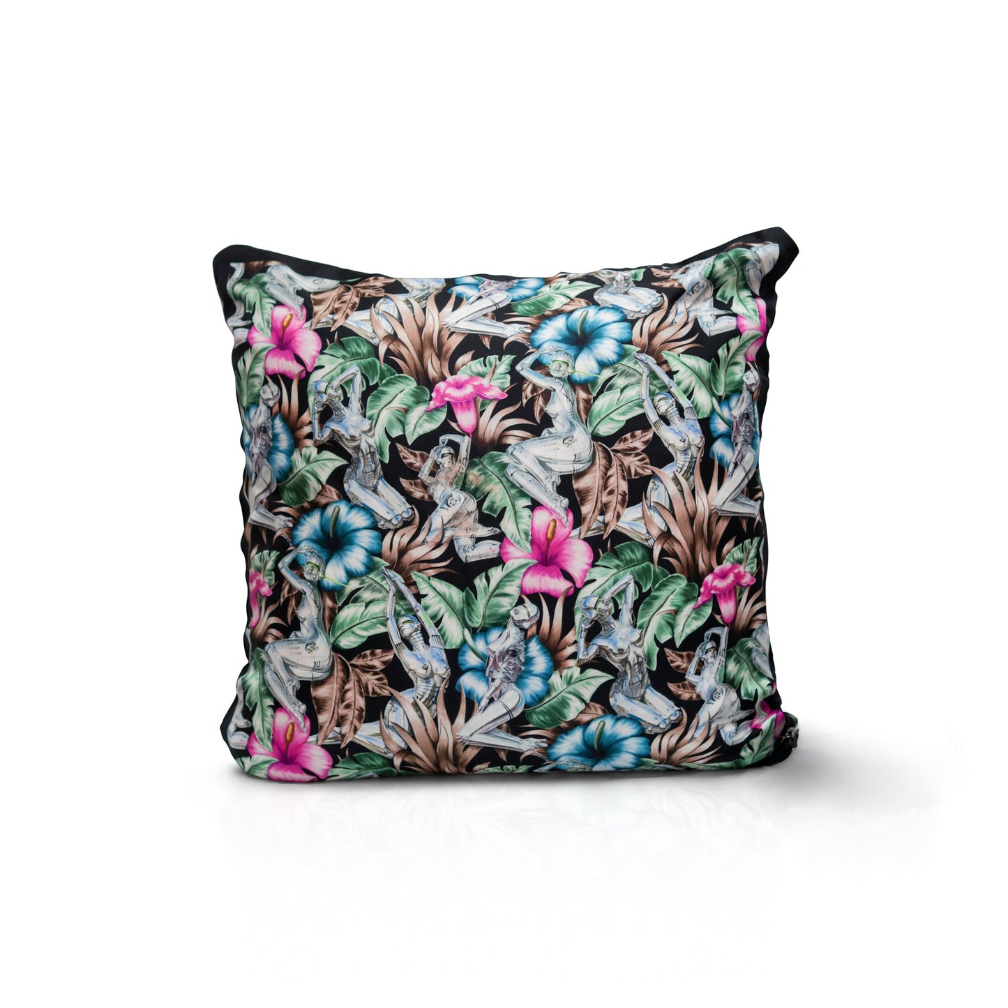 Rare Vintage Luxurious Exclusive Christian Dior Robotic Figures & Tropical Floral Designer Silk Pillow | High-Fashion Art Decor | 22" x 22" x 8"