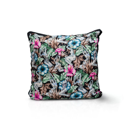 Rare Vintage Luxurious Exclusive Christian Dior Robotic Figures & Tropical Floral Designer Silk Pillow | High-Fashion Art Decor | 22" x 22" x 8"