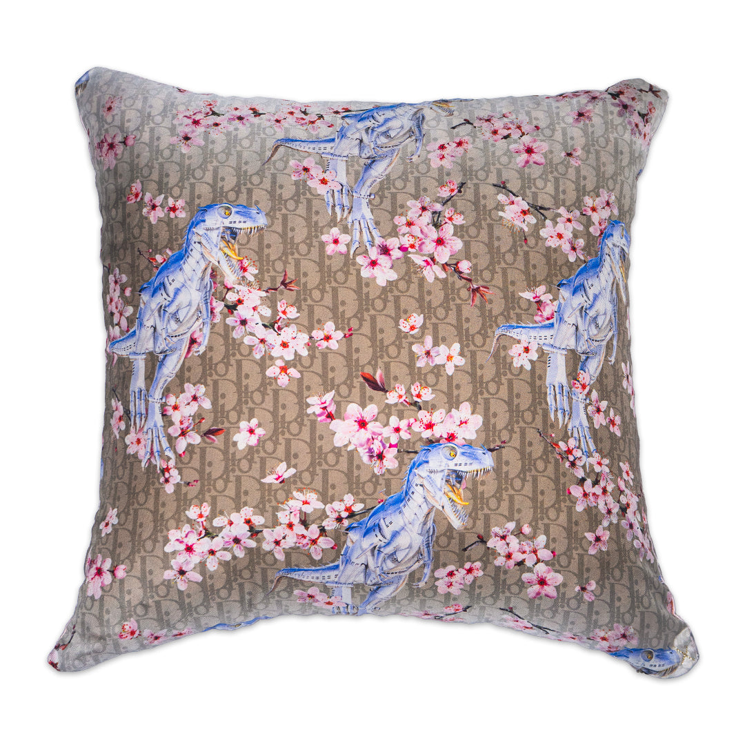 Rare Vintage Luxury Exclusive Dior Oblique Dinosaur & Cherry Blossom Silk Pillow | Designer Art Decor | 22" x 22" x 8"