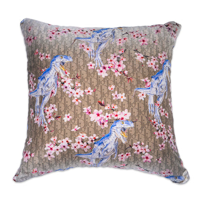Rare Vintage Luxury Exclusive Dior Oblique Dinosaur & Cherry Blossom Silk Pillow | Designer Art Decor | 22" x 22" x 8"