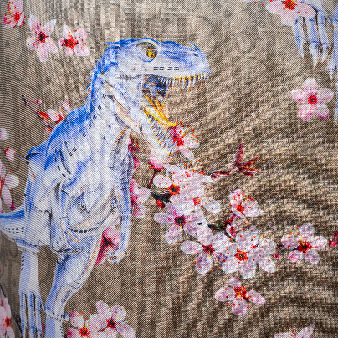 Rare Vintage Luxury Exclusive Dior Oblique Dinosaur & Cherry Blossom Silk Pillow | Designer Art Decor | 22" x 22" x 8"