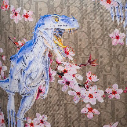 Rare Vintage Luxury Exclusive Dior Oblique Dinosaur & Cherry Blossom Silk Pillow | Designer Art Decor | 22" x 22" x 8"