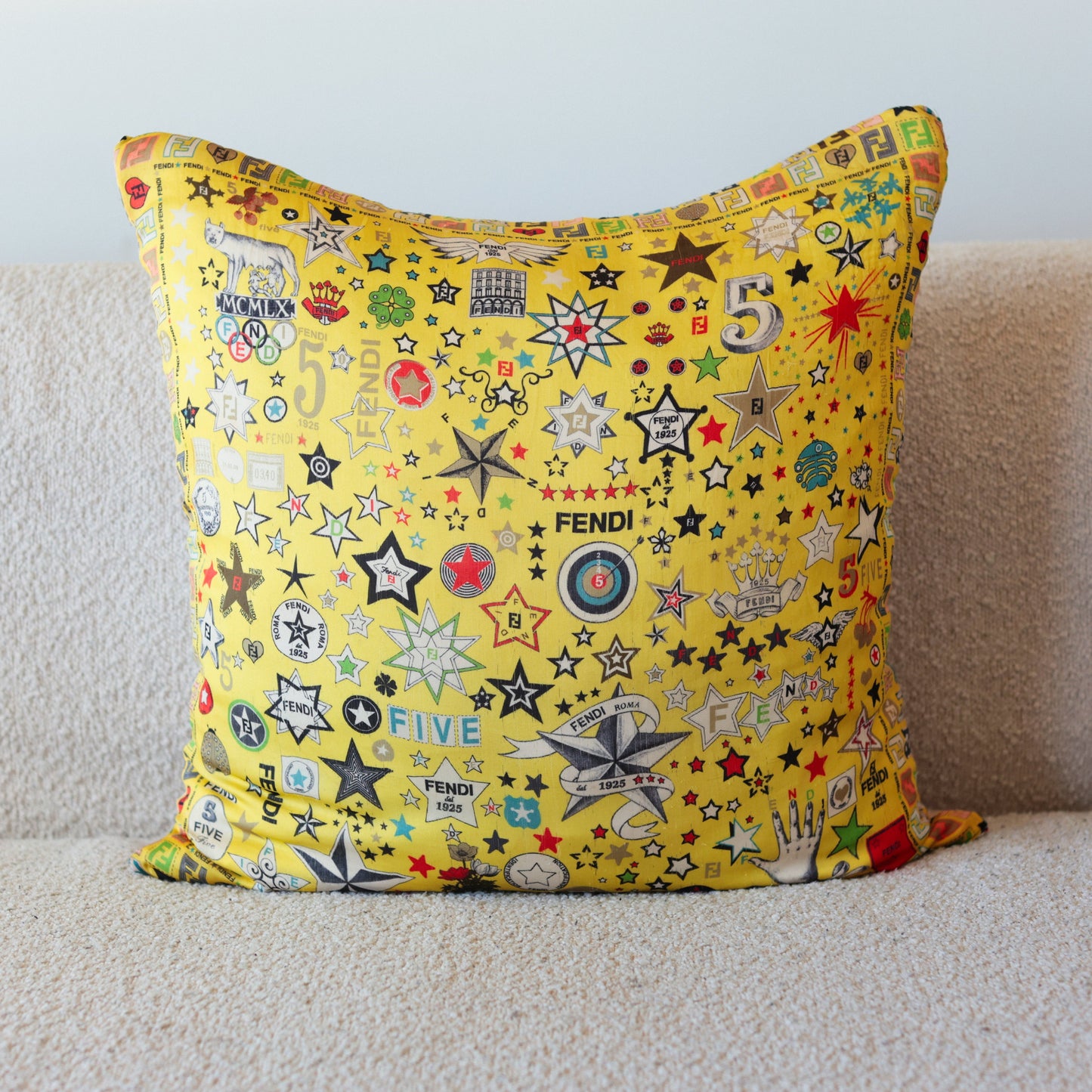 Rare Vintage Luxury Fendi “Five Stars” Silk Throw Pillow | One-of-a-Kind Designer Art Pillow | 14" x 14" x 6"