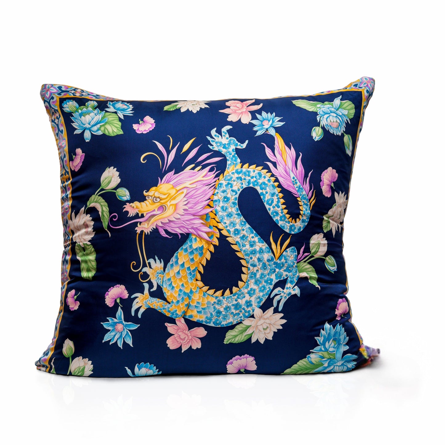 Rare Vintage Luxurious Salvatore Ferragamo Exquisite Dragon & Floral Silk Pillow | Italian Designer Decor | 34" x 34" x 8"