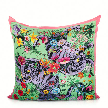 Rare Vintage Luxurious Vibrant Gucci Floral Tiger Silk Pillow | Iconic Designer Accent Decor | 18" x 18" x 8"