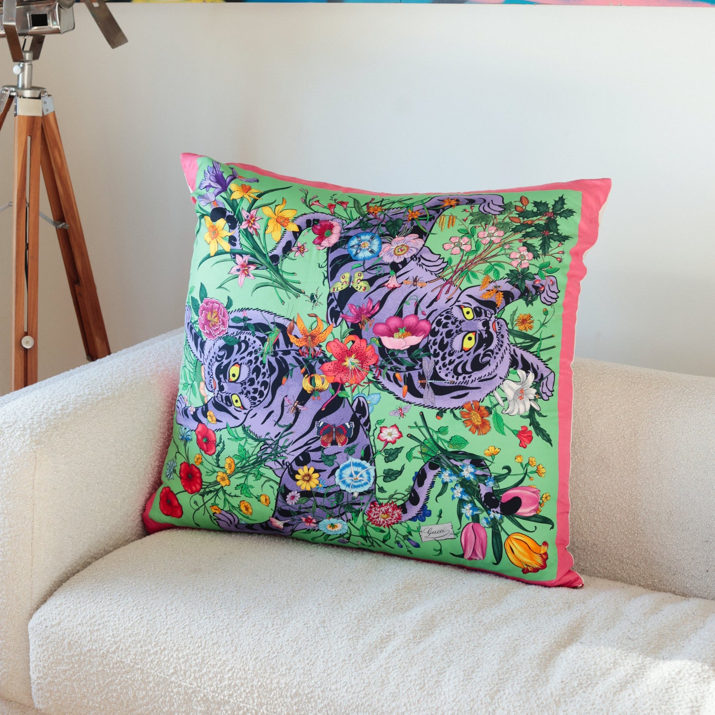 Rare Vintage Luxurious Vibrant Gucci Floral Tiger Silk Pillow | Iconic Designer Accent Decor | 18" x 18" x 8"
