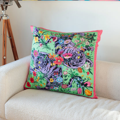 Rare Vintage Luxurious Vibrant Gucci Floral Tiger Silk Pillow | Iconic Designer Accent Decor | 18" x 18" x 8"