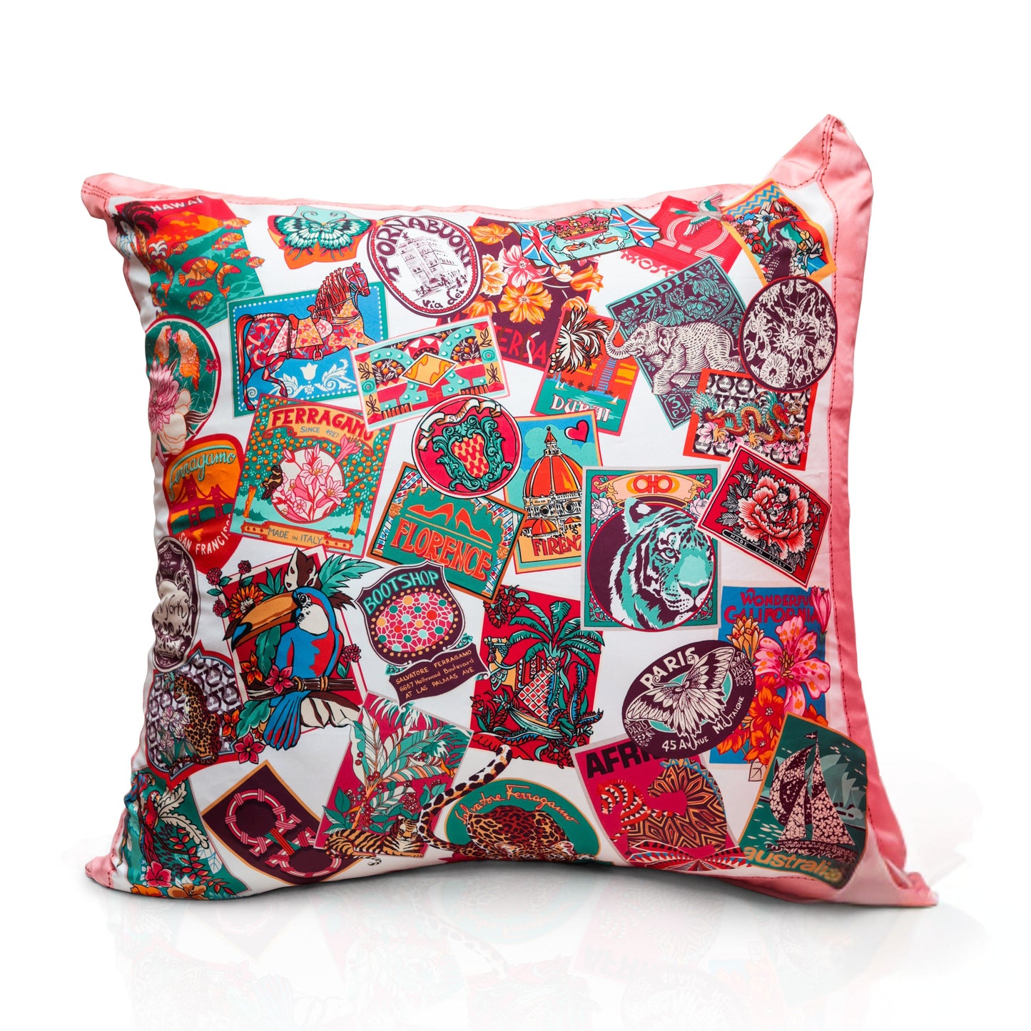 Rare Vintage Vibrant Salvatore Ferragamo Silk Pillow | Luxury Travel Sticker Collage Decor | 34" x 34" x 8"