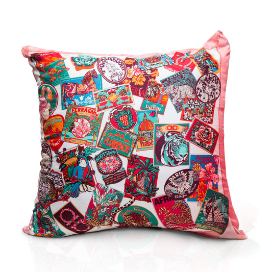 Rare Vintage Vibrant Salvatore Ferragamo Silk Pillow | Luxury Travel Sticker Collage Decor | 34" x 34" x 8"