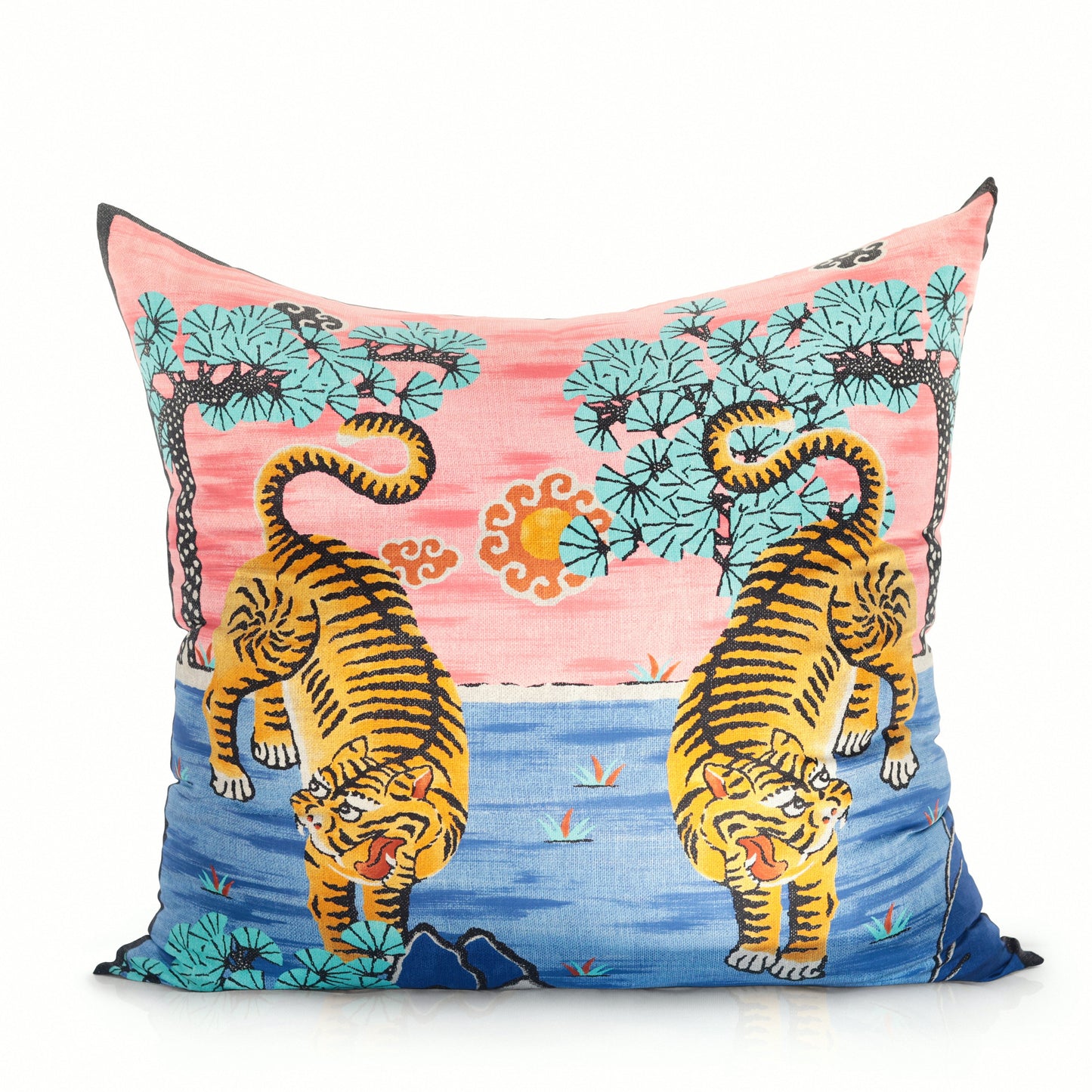 Rare Vintage Exclusive Luxurious Gucci "Blue Bengal" Tiger Landscape Silk Pillow | Iconic Designer Decor | 36" x 36" x 8"