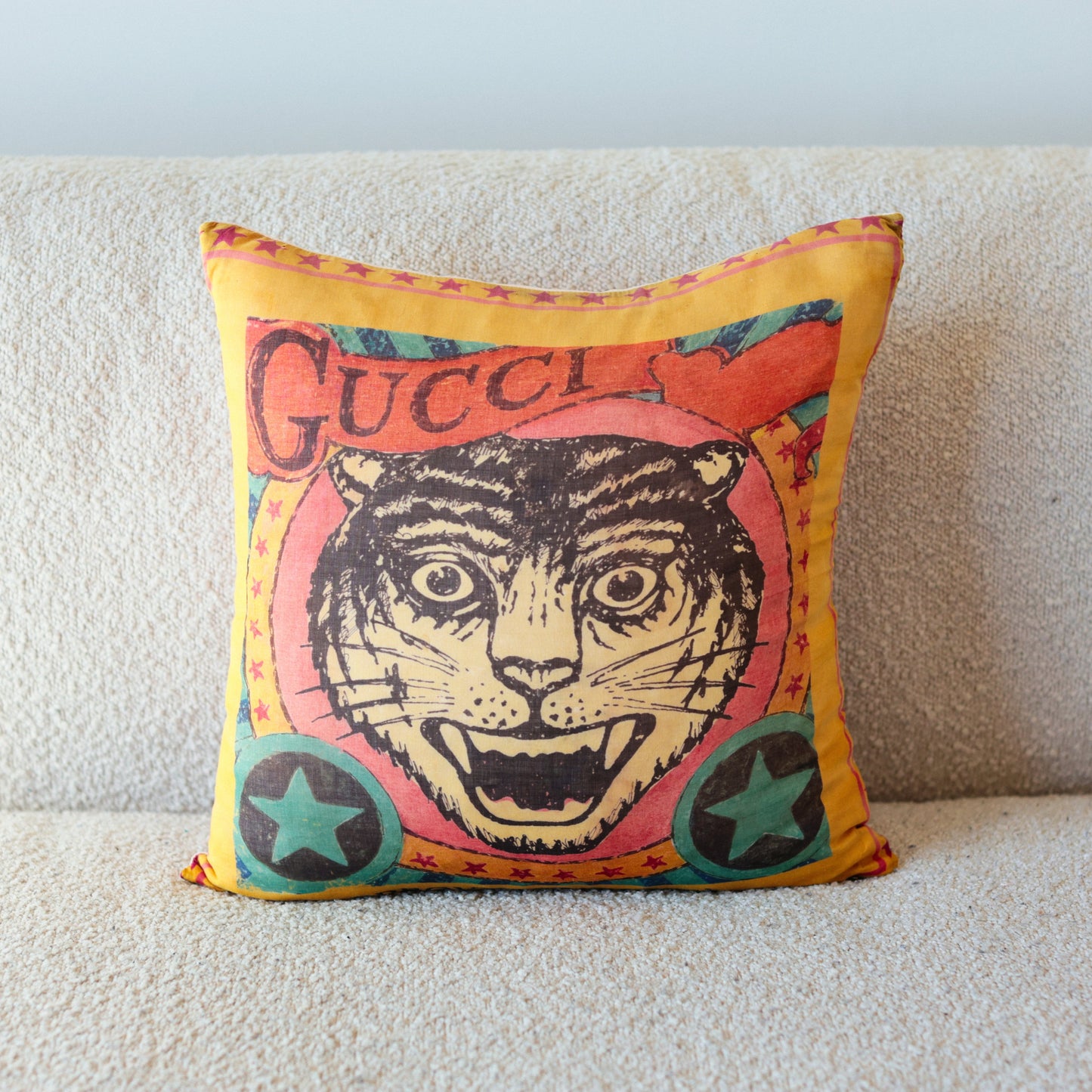 Rare Vintage Luxury Gucci “Tiger Head” Designer Silk Pillow by artist Alessandro Michele | One-of-a-Kind Silk Art Decor | 12" x 12" x 6"