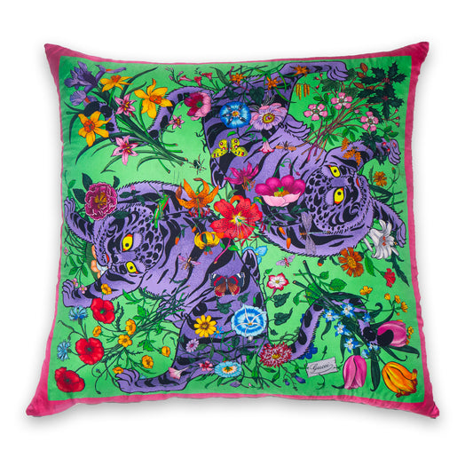 Rare Vintage Luxurious Vibrant Gucci Floral Tiger Silk Pillow | Iconic Designer Accent Decor | 18" x 18" x 8"