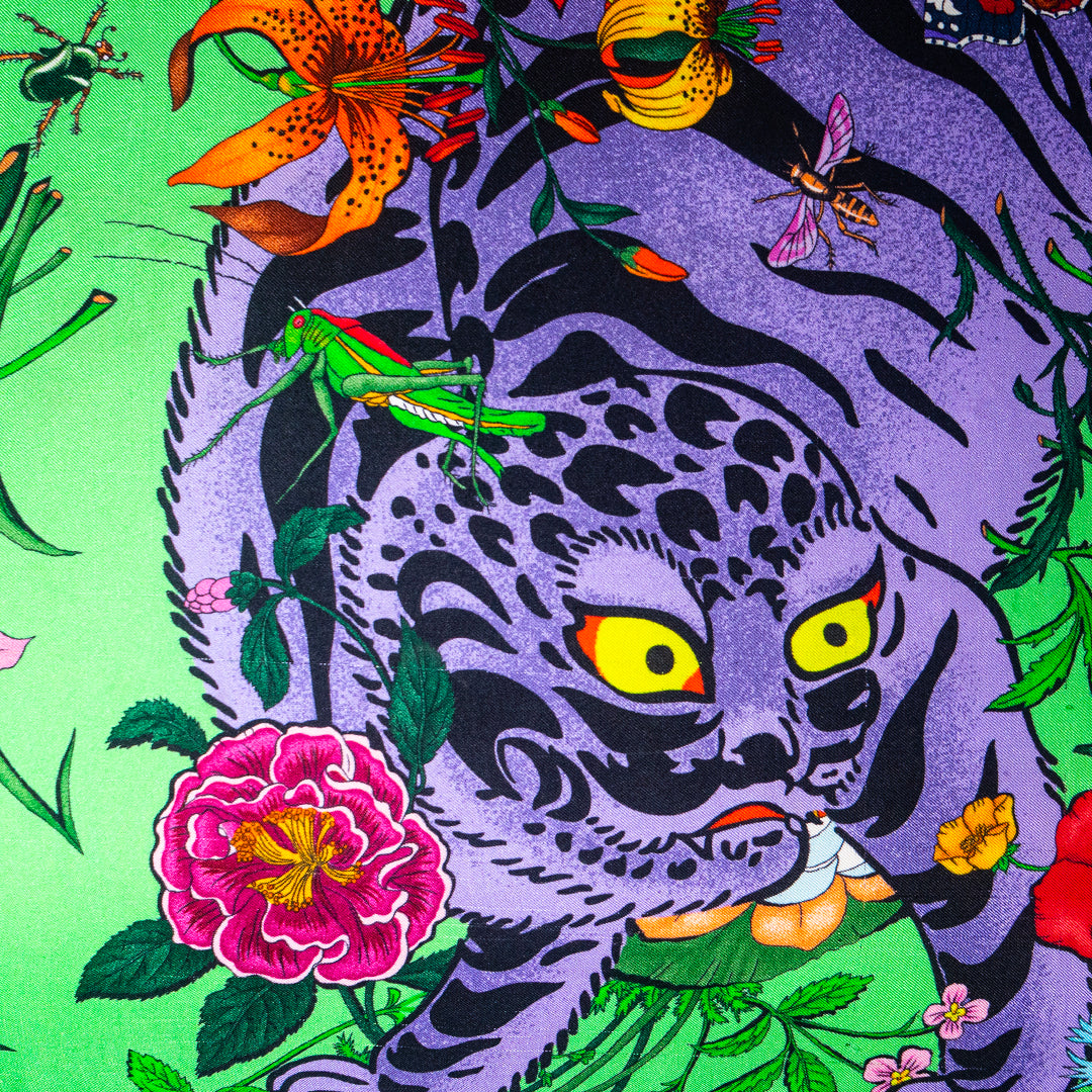 Rare Vintage Luxurious Vibrant Gucci Floral Tiger Silk Pillow | Iconic Designer Accent Decor | 18" x 18" x 8"