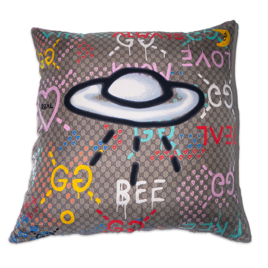 Rare Vintage Unique Gucci "Life is Gucci" UFO  by artist Trouble Andrew "Guccighost" GG Monogram Graffitti Silk Pillow | Designer Street Art Decor | 36" x 36" x 8"