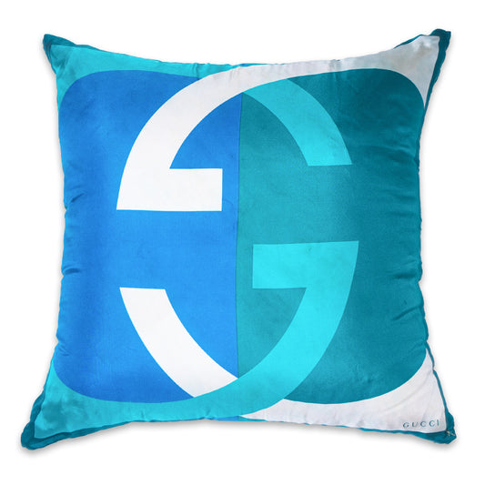 Rare Vintage Iconic Gucci Interlocking G Logo Designer Silk Pillow | Chic Blue Designer Decor | 18" x 18" x 8"