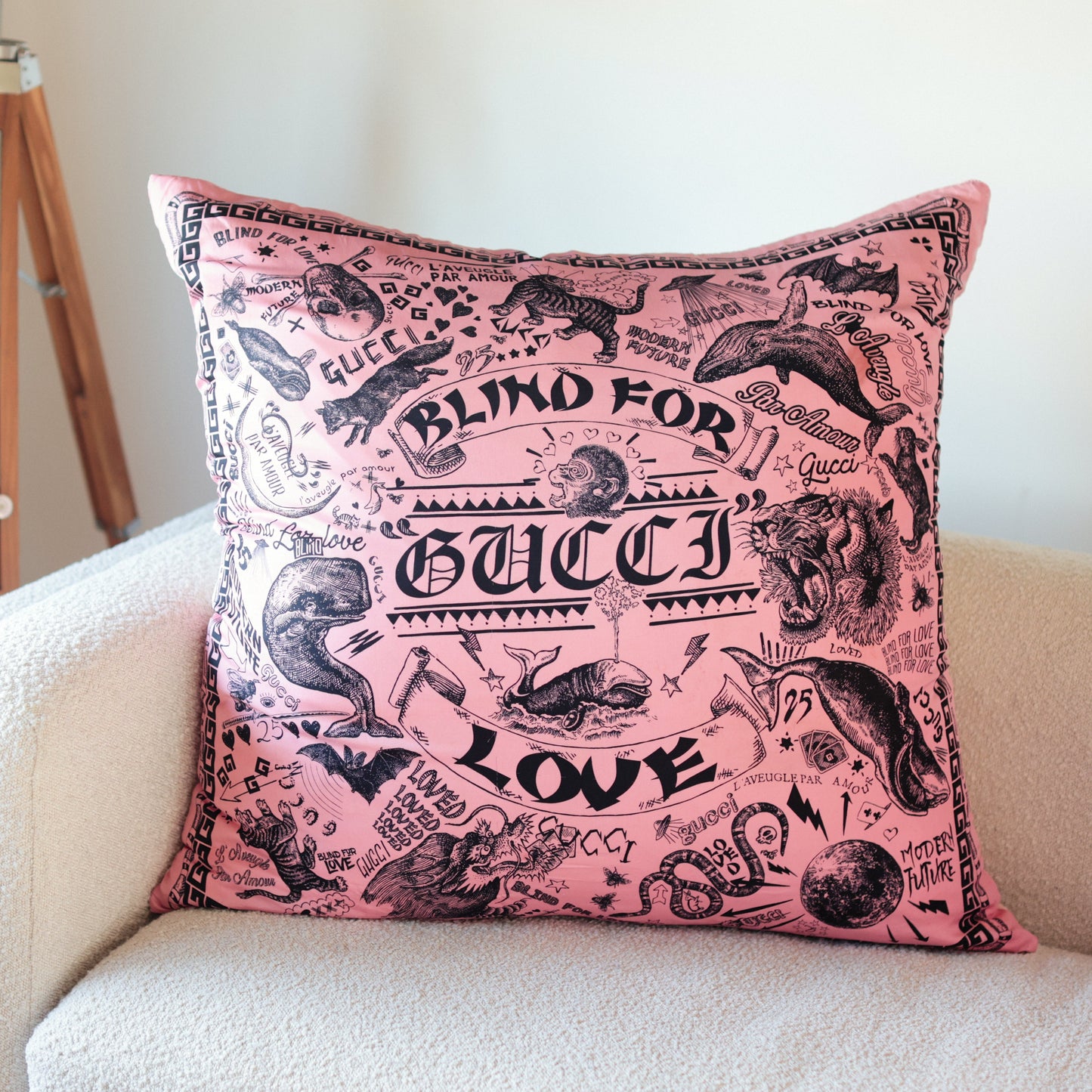 Rare Vintage Luxury Iconic Gucci "Blind For Love" Silk Pillow | Romantic Designer Decor | 18" x 18" x 8"