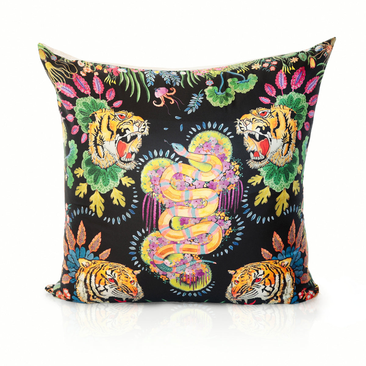 Rare Vintage Exotic Gucci Snake & Tiger Designer Silk Pillow | Luxury Animal Print Decor | 35" x 35" x 8"