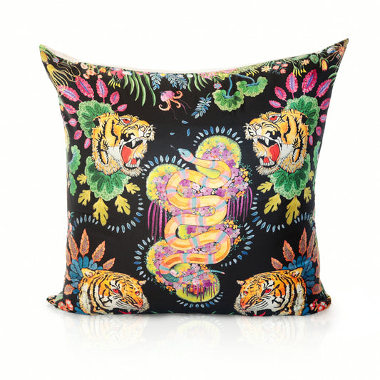 Rare Vintage Exotic Gucci Snake & Tiger Designer Silk Pillow | Luxury Animal Print Decor | 35" x 35" x 8"