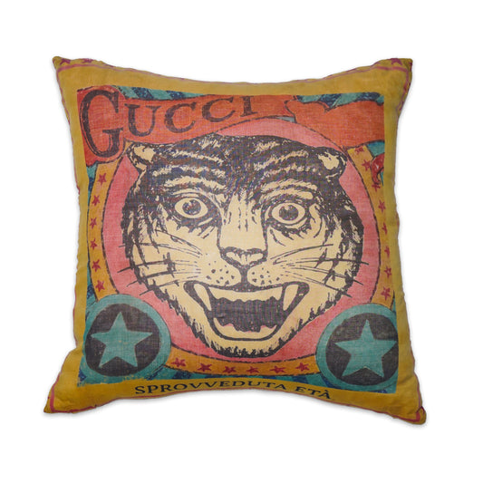 Rare Vintage Luxury Gucci “Tiger Head” Designer Silk Pillow by artist Alessandro Michele | One-of-a-Kind Silk Art Decor | 12" x 12" x 6"