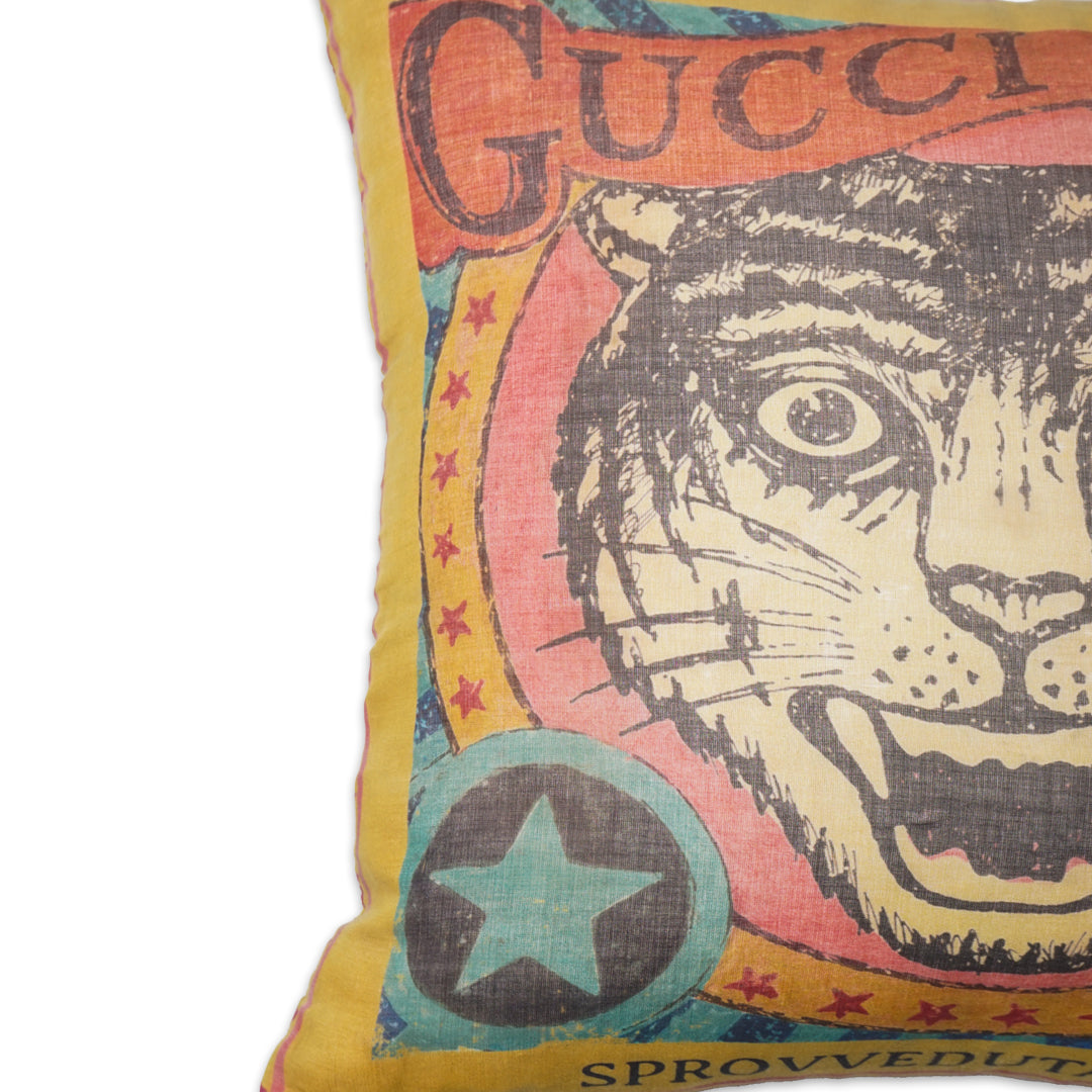 Rare Vintage Luxury Gucci “Tiger Head” Designer Silk Pillow by artist Alessandro Michele | One-of-a-Kind Silk Art Decor | 12" x 12" x 6"