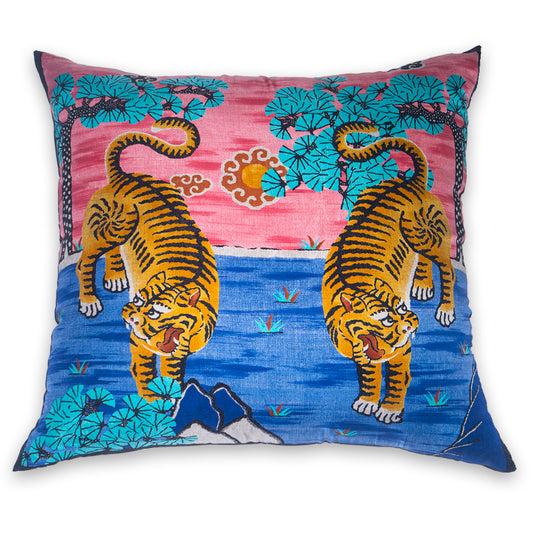 Rare Vintage Exclusive Luxurious Gucci "Blue Bengal" Tiger Landscape Silk Pillow | Iconic Designer Decor | 36" x 36" x 8"