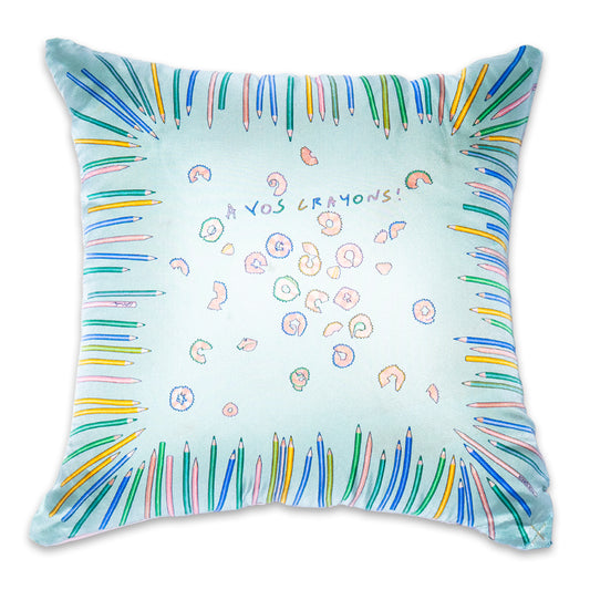 Rare Vintage Luxurious and Playful Hermès "A Vos Crayons!" Silk Pillow | Artistic Designer Decor | 18" x 18" x 8"