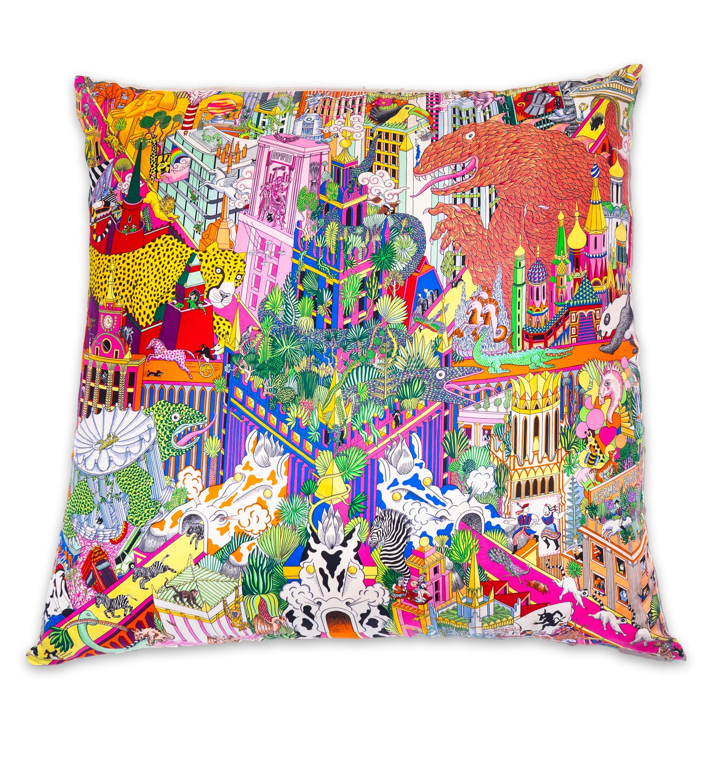 Rare Vintage Luxurious Hermès Silk Pillow "Animapolis" by artist Jan Bajtlik | Surreal Designer Art Decor | 18" x 18" x 8"