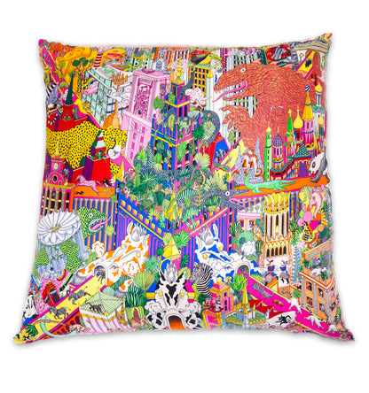 Rare Vintage Luxurious Hermès Silk Pillow "Animapolis" by artist Jan Bajtlik | Surreal Designer Art Decor | 18" x 18" x 8"