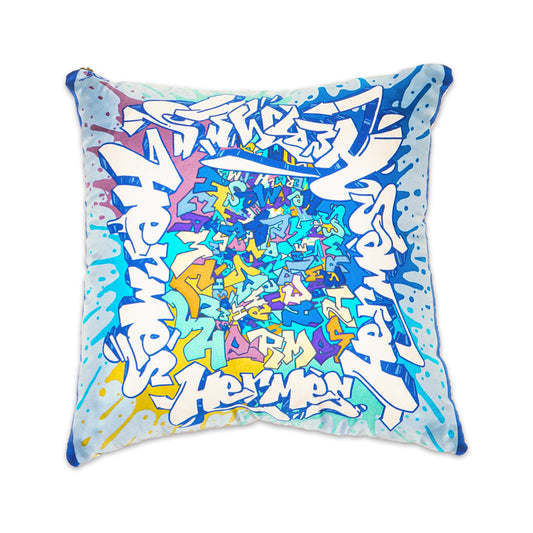 Limited Edition Luxury Hermès by artist Cyril Kongo “Graff” Silk Pillow | Rare Urban Graffiti Designer Accent | 24" x 24" x 8"