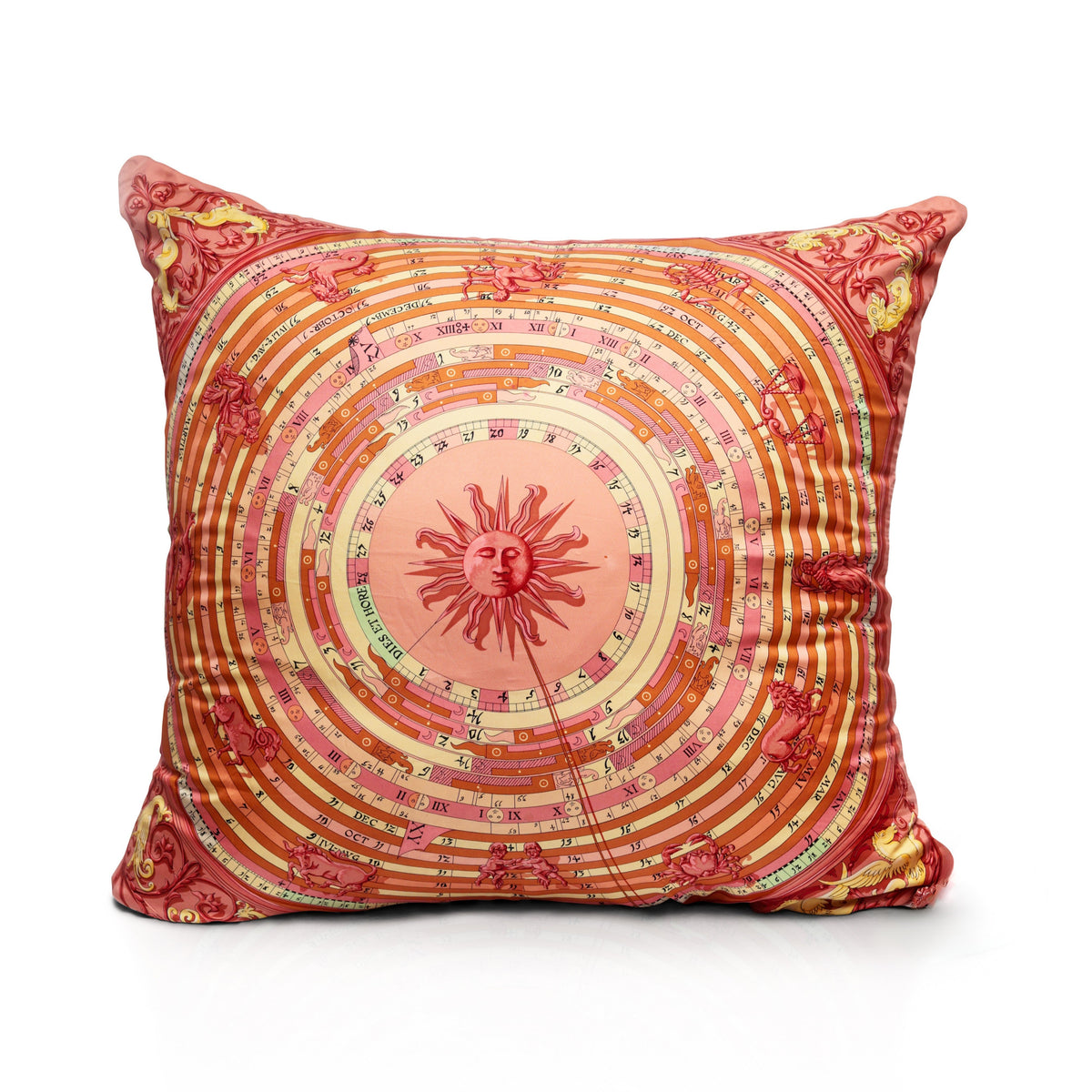 Rare Vintage Celestial Hermès "Astrologie Forever" Silk Pillow | Luxurious Calendar & Sun Motif Decor | 24" x 24" x 8"