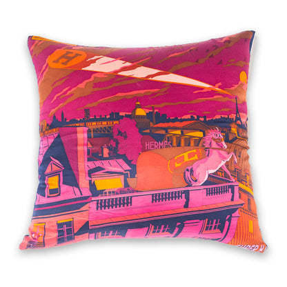 Rare Vintage Luxurious Hermès Cityscape "H" Silk Pillow | Modern Designer Accent Decor | 24" x 24" x 8"