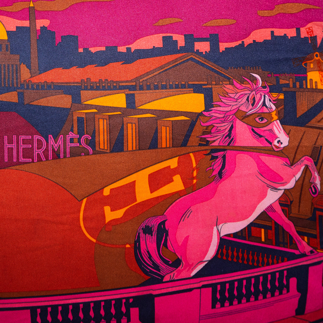 Rare Vintage Luxurious Hermès Cityscape "H" Silk Pillow | Modern Designer Accent Decor | 24" x 24" x 8"