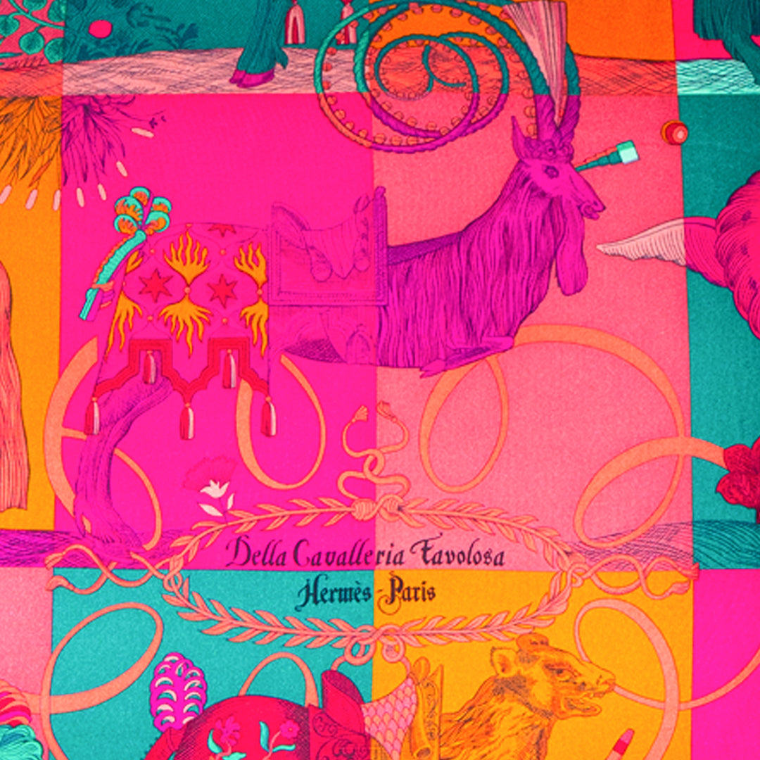 Rare Vintage Exquisite Hermès "Della Cavalleria Favolosa" by artist Virginie Jamin Silk Pillow | Vibrant Animal & Fantasy Decor | 36" x 36" x 8"