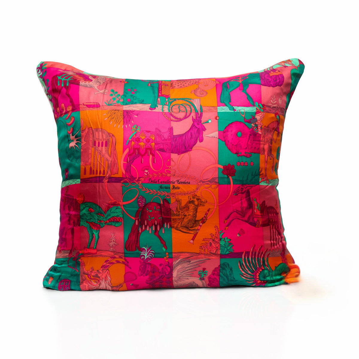 Rare Vintage Exquisite Hermès "Della Cavalleria Favolosa" by artist Virginie Jamin Silk Pillow | Vibrant Animal & Fantasy Decor | 36" x 36" x 8"