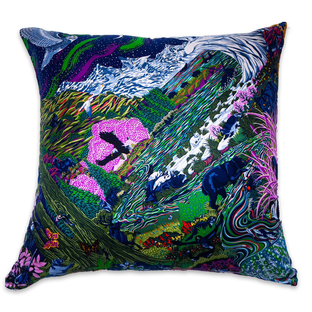 Rare Vintage Majestic Hermès "Into The Canadian Wild" by artist Alice Shirley Silk Pillow | Nature & Wildlife Art Decor | 34" x 34" x 8"