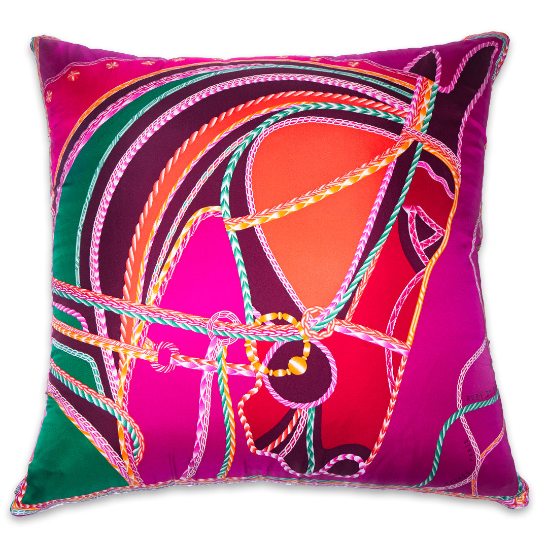Rare Vintage Luxurious Vibrant Hermès "Robe du Soir" by artist Florence Manlik Silk Pillow | Fuchia Equestrian Art Decor | 36" x 36" x 8"