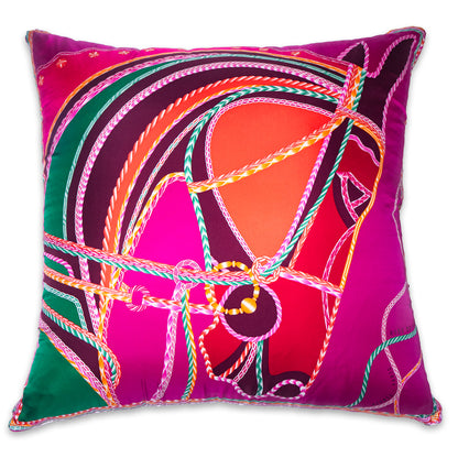 Rare Vintage Luxurious Vibrant Hermès "Robe du Soir" by artist Florence Manlik Silk Pillow | Fuchia Equestrian Art Decor | 36" x 36" x 8"