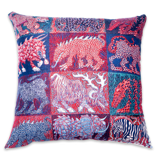 Rare Vintage Hermès Piment/Marine/Blanc "Sweet Dreams" Monsters by artist Jan Bajtlik Silk Pillow | Luxury Designer Decor | 38" x 38" x 8"