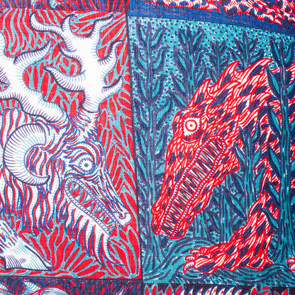 Rare Vintage Hermès Piment/Marine/Blanc "Sweet Dreams" Monsters by artist Jan Bajtlik Silk Pillow | Luxury Designer Decor | 38" x 38" x 8"