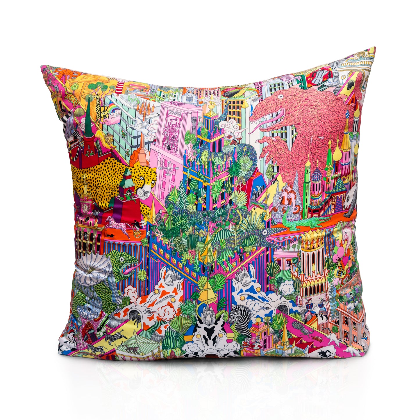 Rare Vintage Luxurious Hermès Silk Pillow "Animapolis" by artist Jan Bajtlik | Surreal Designer Art Decor | 18" x 18" x 8"