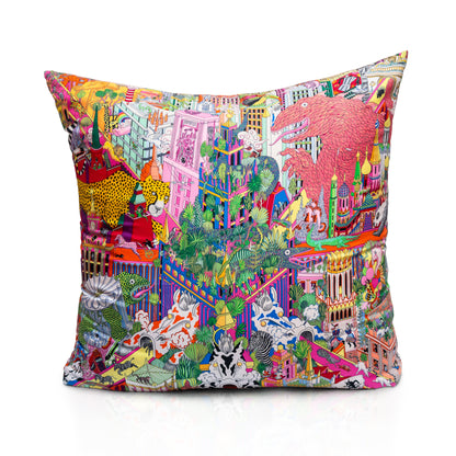 Rare Vintage Luxurious Hermès Silk Pillow "Animapolis" by artist Jan Bajtlik | Surreal Designer Art Decor | 18" x 18" x 8"