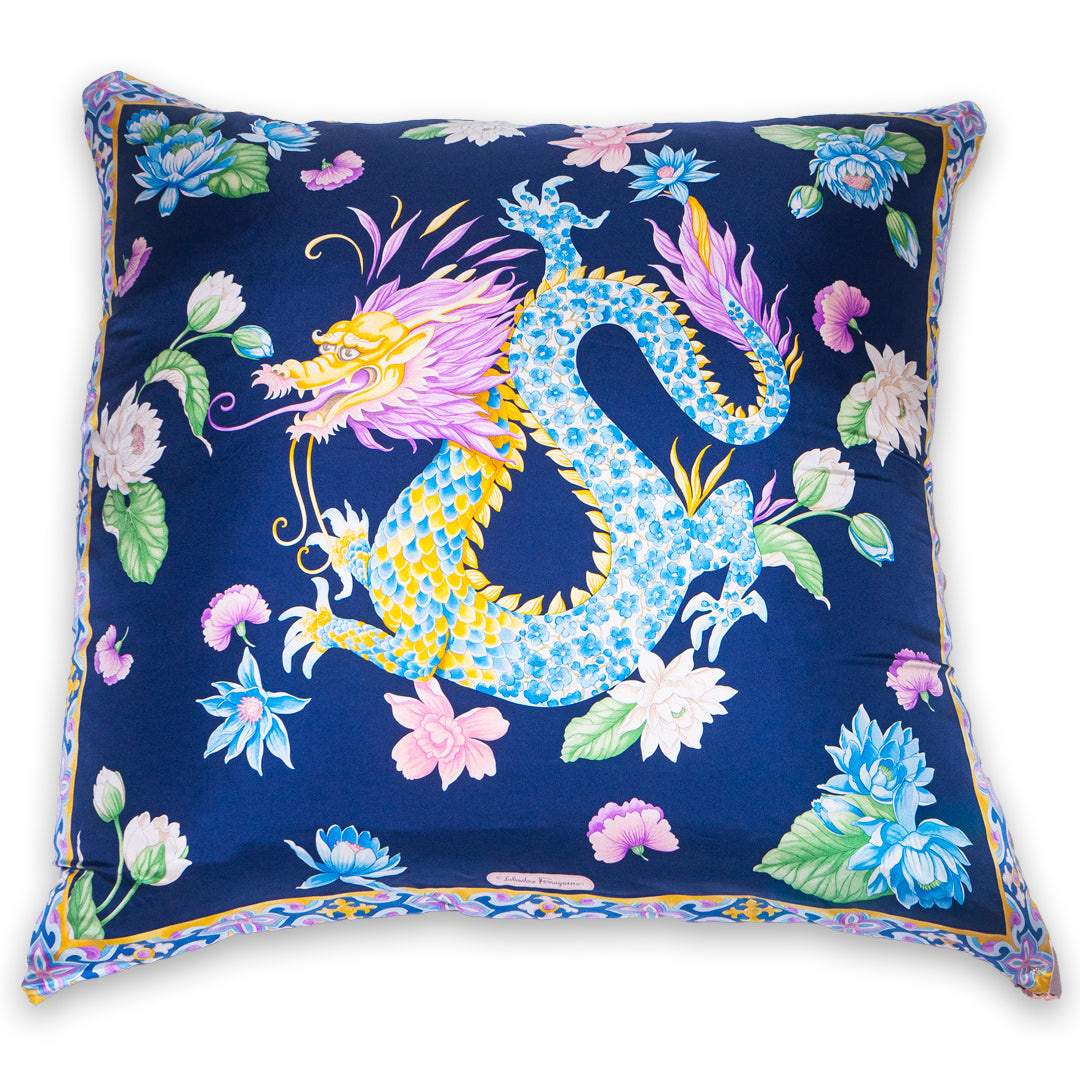 Rare Vintage Luxurious Salvatore Ferragamo Exquisite Dragon & Floral Silk Pillow | Italian Designer Decor | 34" x 34" x 8"